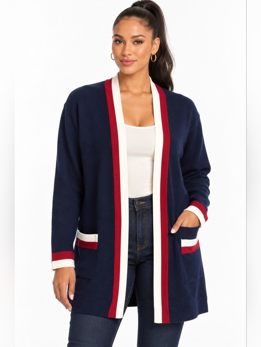 Sandro Paris Collegiate Cardigan Navy Red White Lined Size 3 US L